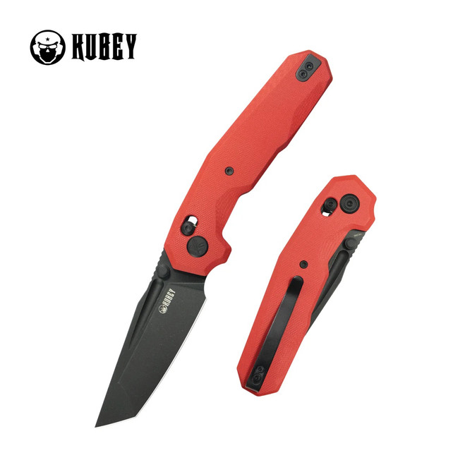 Kubey Carve Folding Knife Red G10 Handle 14C28N Tanto Point Plain Edge Blackwash Finish KU237D