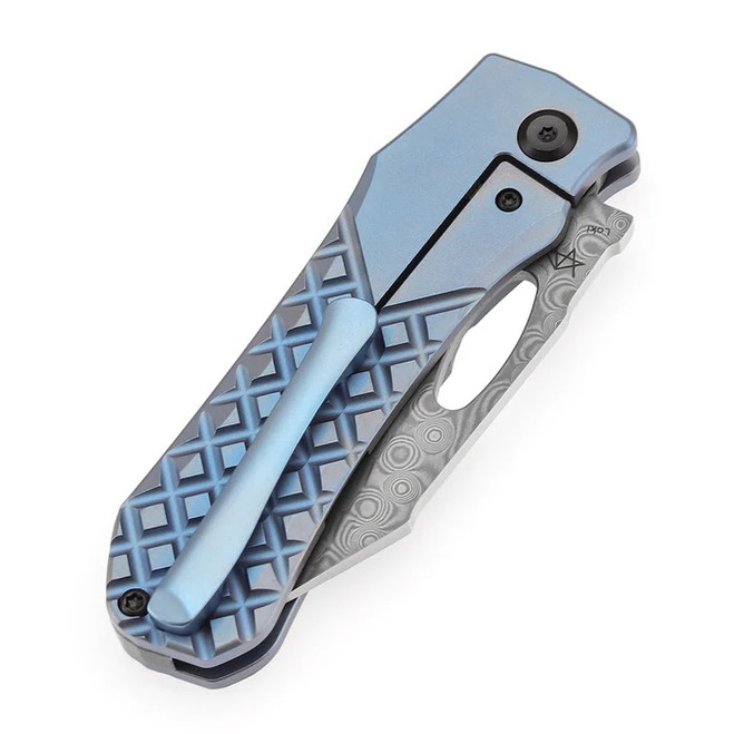 Kansept Loki Folding Knife Blue Frag Titanium Handle Damascus Drop Point Plain Edge K1058B7