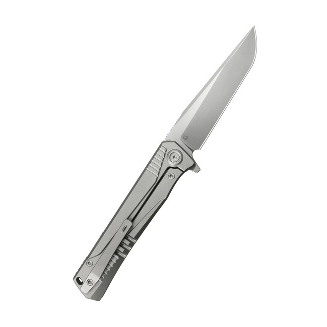KB Pyramid Folding Knife Gray Titanium Handle M390 Tanto Point