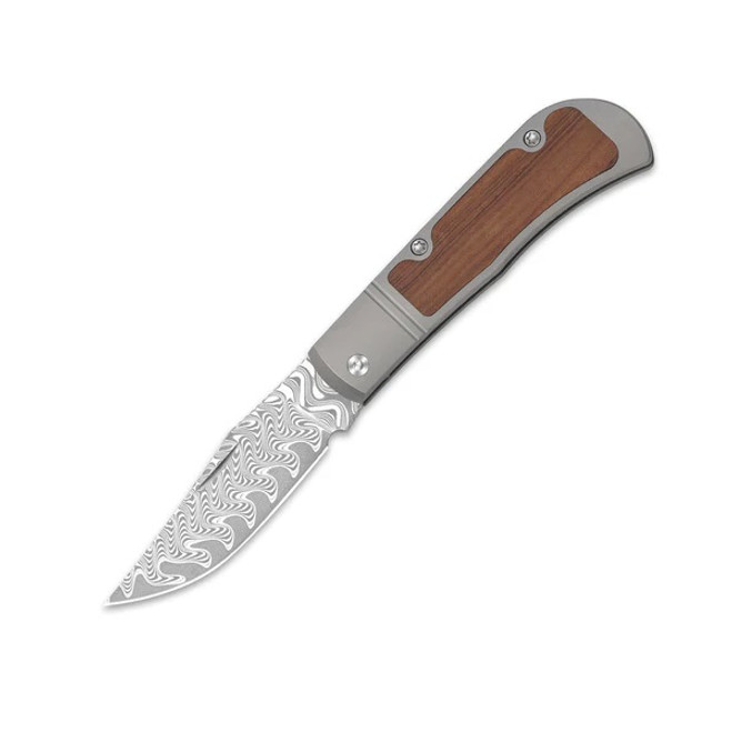 Kizer Trestle Folding Knife Titanium&Mkuruti Wood Handle Damascus Clip Point Plain Edge V3761A2
