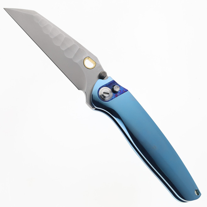 Ketuo Knives Dirty Bird B Folding Knife Mokuti Blue Titanium Handle M390 Plain Edge Beadblast Finish