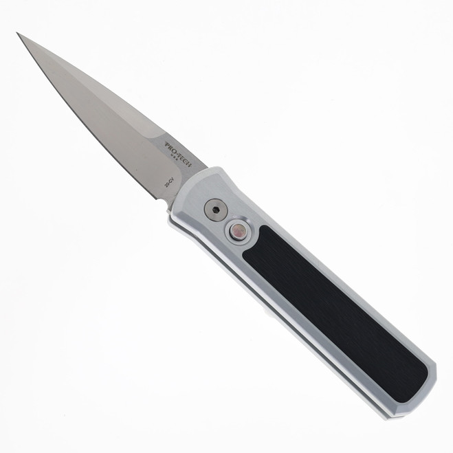 Pro Tech Knives Godson Automatic Knife Silver Crosscut Carbon Fiber 20CV Blade Pearl Button 7210-SILVER