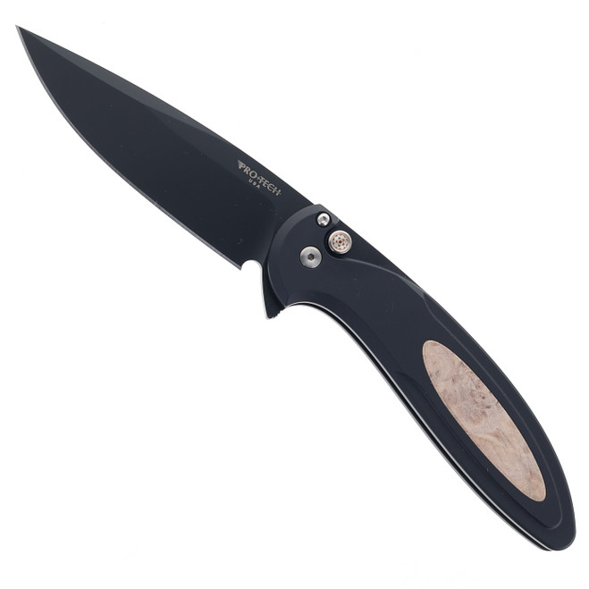 Pro-Tech Cambria Flipper Folding Knife Black Aluminum w/ Maple Burl Inlay DLC Magnacut Blade