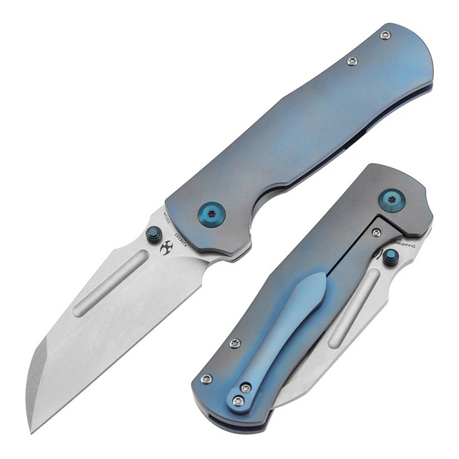 Kansept Dreadnaught Folding Knife Blue Titanium Handle S35VN Cleaver Plain Blackwash Blade