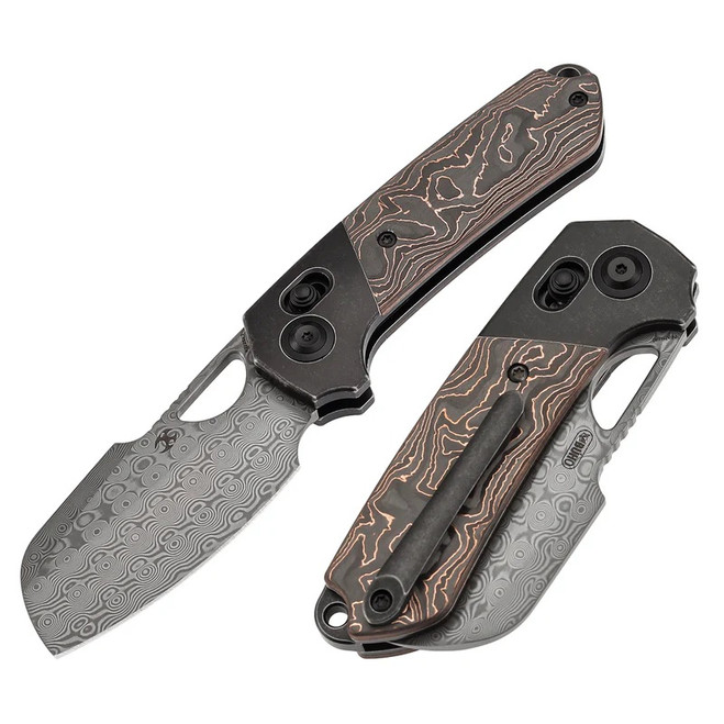 Kansept Nahaul Folding Knife Blackwash Titanium/Copper Carbon Fiber Handle Damascus Dagger Plain Edge K2125V3