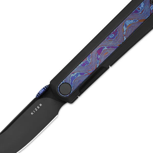 専用２ Kizer Quoll Folding Knife Black/Purple Titanium/Damascus Handle