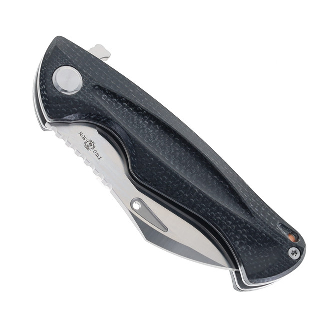 TwoSun Folding Knife Black Micarta Handle 14C28N Plain Edge Satin