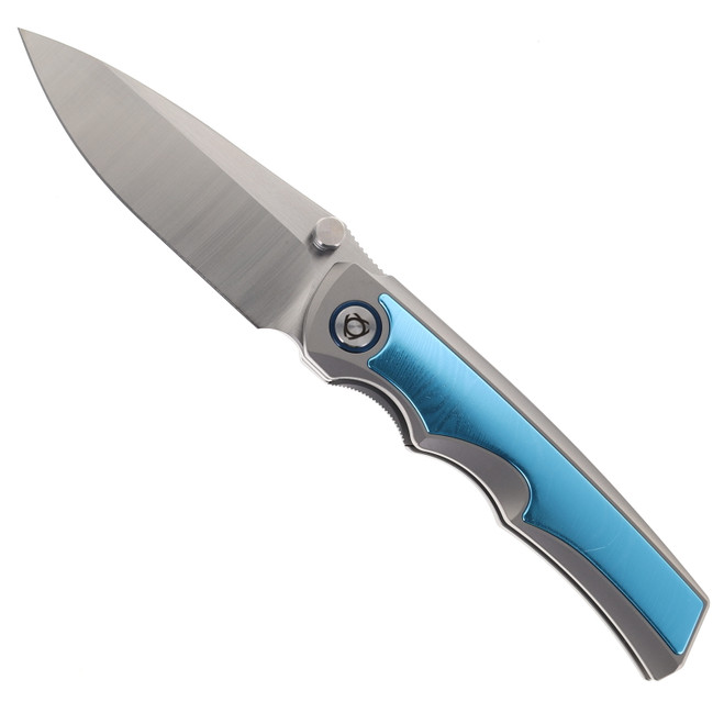 SixLeaf Folding Knife Titanium/Blue Damascus Handle 10Cr15Mov Plain Edge SL-79-Aldama