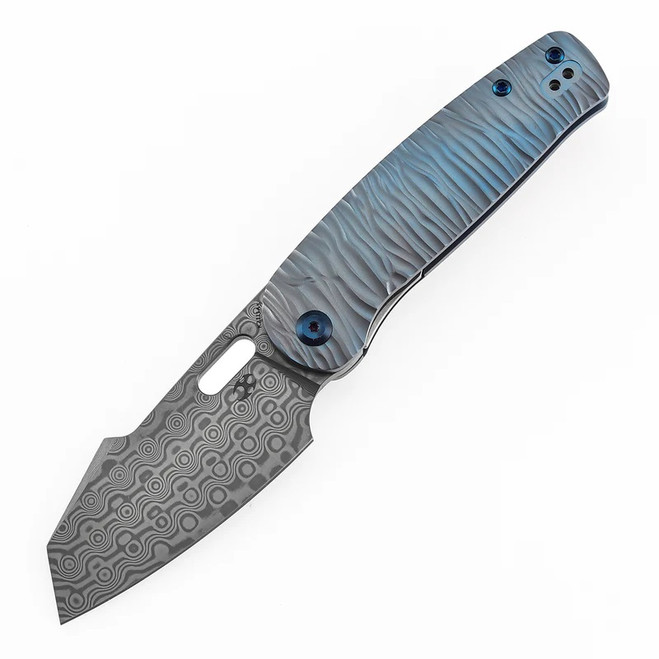 Kansept Orlok Folding Knife Blue Titanium Handle Damascus Plain