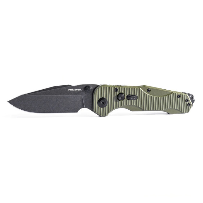 Real Steel Evolution Ironclad Folding Knife Green G10 Handle D2 Drop Point Plain Edge Blackwash Finish 7911BG