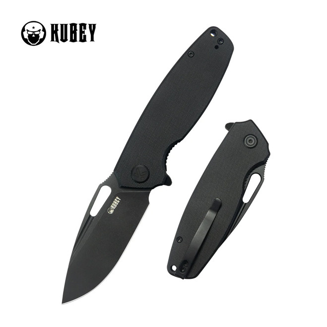 Kubey Tityus Folding Knife Black G10 Handle 14C28N Drop Point Plain Edge Blackwash Finish KU322T