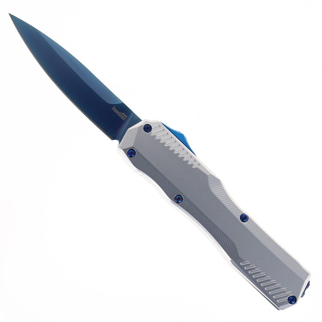 Kershaw Livewire OTF Auto Knife Raw Aluminum Handle Magnacut Spear Point Plain Blue Blade KS9000RAWBLU