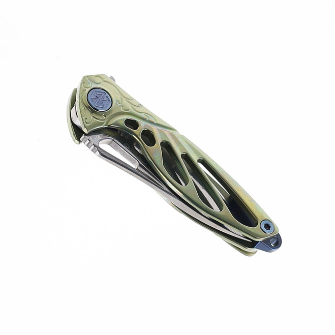 Rike Mini Hummingbird Folding Knife Gold Titanium Handle Damascus