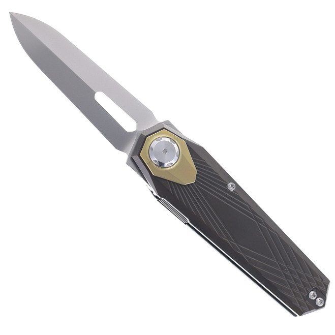 REMETTE RT-Infinite Power Folding Knife Dark Gray Titanium Handle Dagger M390 Blade Button Liner Lock RTIP-A