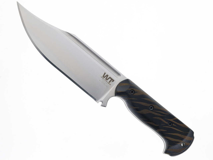 Work Tuff Gear Ranger Fixed Blade Knife Black Paper Micarta Tiger Stripe Handle K329 Plain Satin Blade Black Kydex Sheath