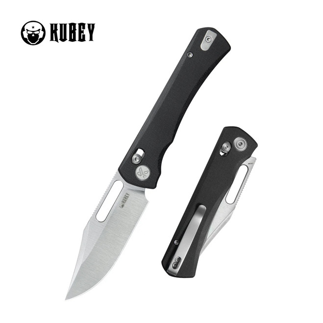 Kubey TBO Folding Knife Black G10 Handle 14C28N Clip Point Plain Edge Satin Finish