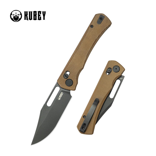 Kubey TBO Folding Knife Brown Micarta Handle 14C28N Clip Point Plain Edge Blackwash Finish KU396E
