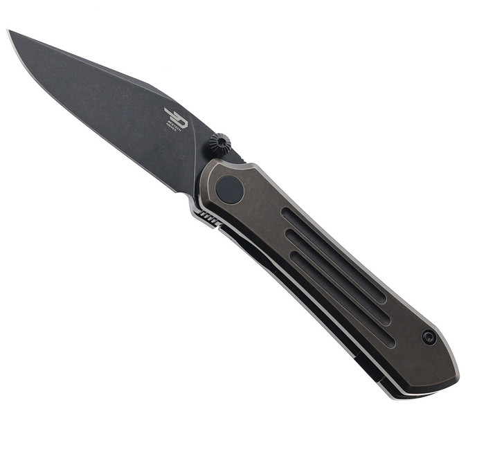 (Off center) Bestech Icarus Folding Knife Black/Bronze Stonewash Titanium Handle M390 Plain Edge Black Stonewash Finish BT2302B
