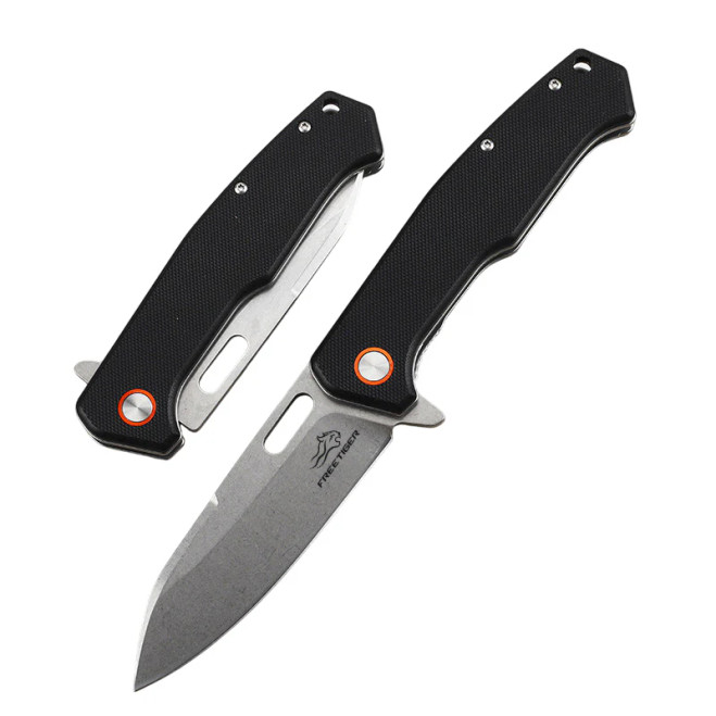 FreeTiger Folding Knife D2 Steel Stonewash Blade Black G10 Handle Liner Lock FT937-BK