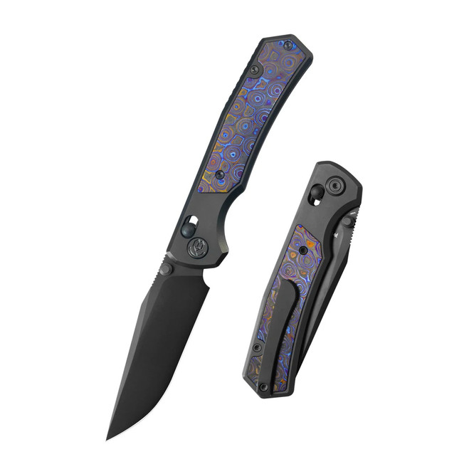 KB Knives Folding Knife Flame Ano Titanium with Wave Carbon Fiber Inlay Handle M390 Clip Point Plain Edge Beadblast Finish KB427C