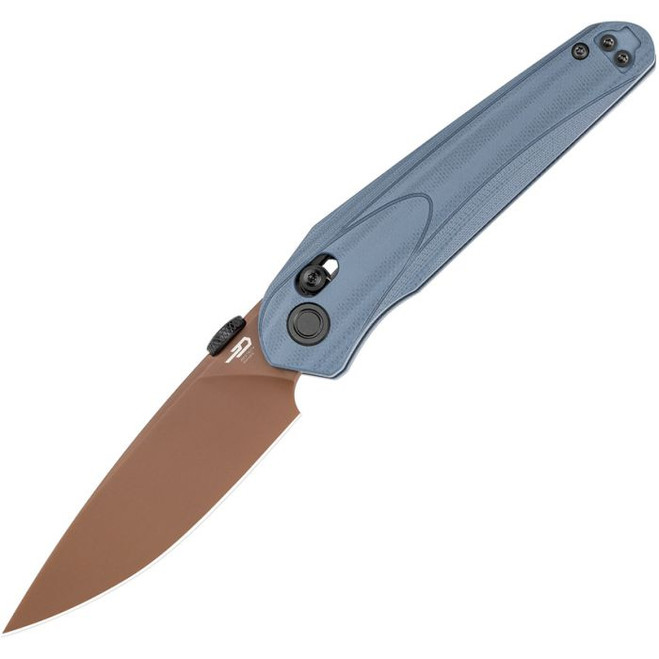 Bestech Mothus Folding Knife Blue/Gray G10 Handle 14C28N Drop Point Plain Edge Gold PVD Finish BG67F