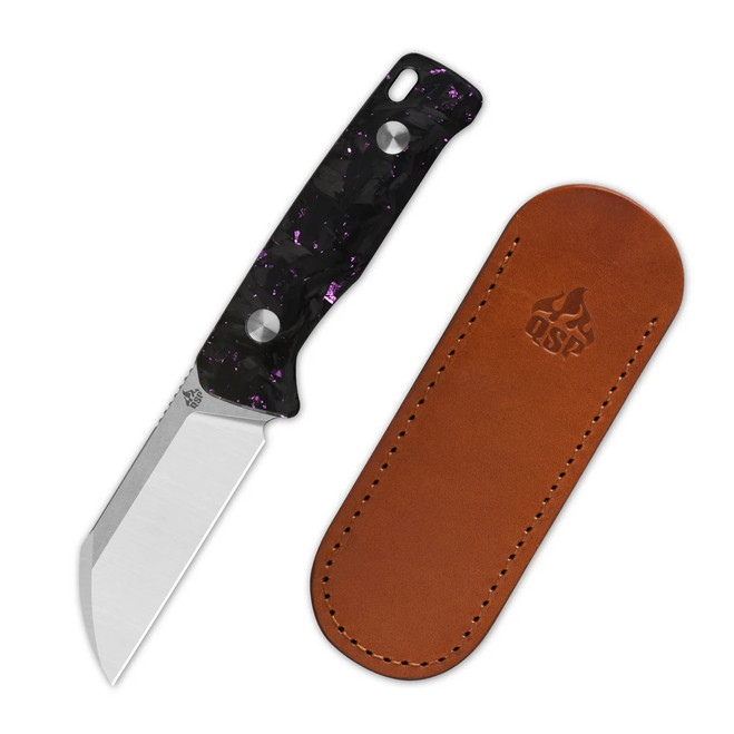 QSP Baby Penguin Fixed Blade Knife Purple Shredded CF Handle 14C28N Sheepsfoot Plain Edge Two Tone Finish QS130BP-E1