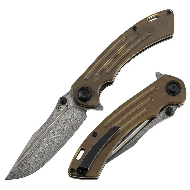 Kansept Pretatout Folding Knife Amber PEI/Ultem Handle Damascus Plain Edge K1032D4