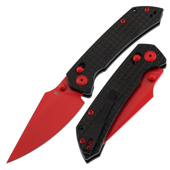 Tenable Fenrir Folding Knife Black Aluminum Handle Nitro-V Harpoon Plain Red Blade T1034V10