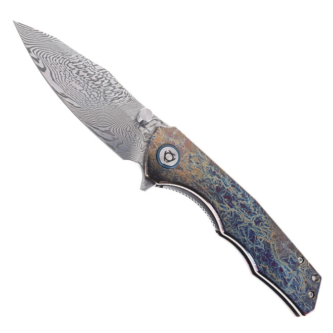 SixLeaf Folding Knife Lightning Colored Titanium Handle Damascus Blade SL-81-LIGHT
