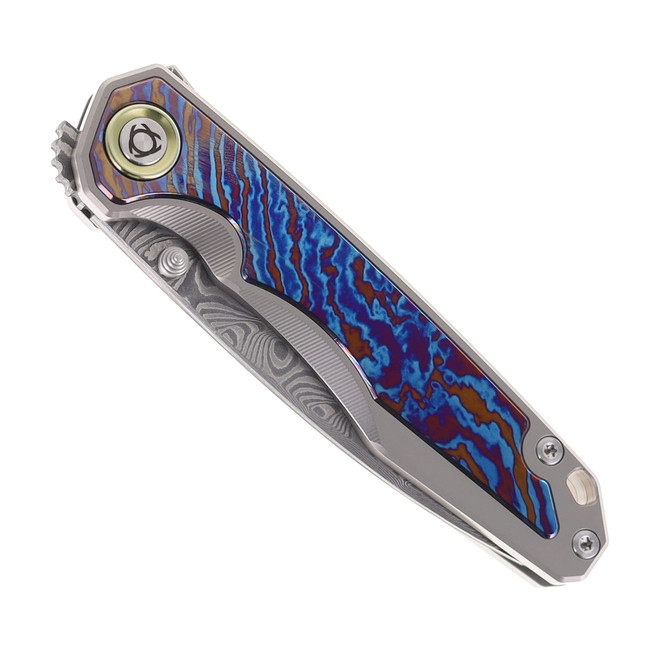 SixLeaf Folding Knife Titanium Timascus Handle Damascus Plain Edge