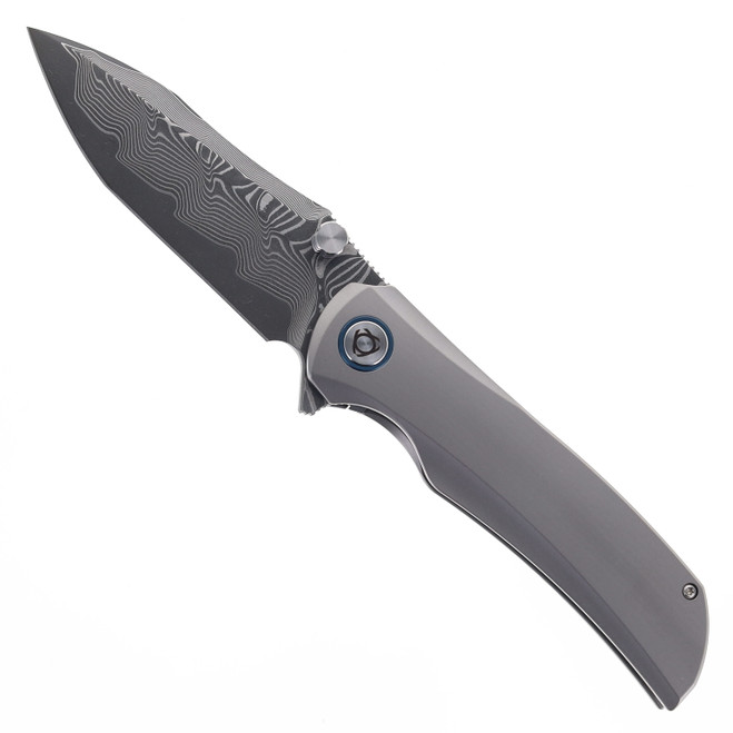 SixLeaf SL-86 Folding Knife Gray Titanium Handle Drop Point Damascus Blade