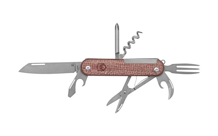 Mercury Knives Duca 7 Multi Tool Red Burlap Micarta A420 Stonewash Steel 9DUCA7-RB-C