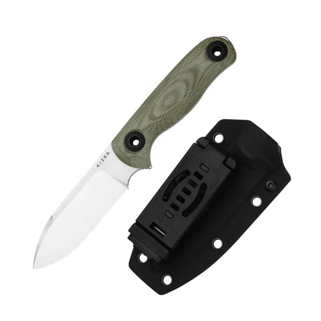 Kizer Drop Bear Fix 3 Fixed Blade Knife Green Micarta Handle 14C28N Drop Point Plain Edge Stonewash Finish 1101A2