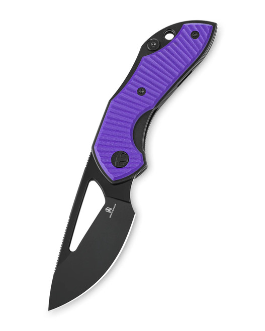 Purple G10 folding knife displayed closed on a clean background