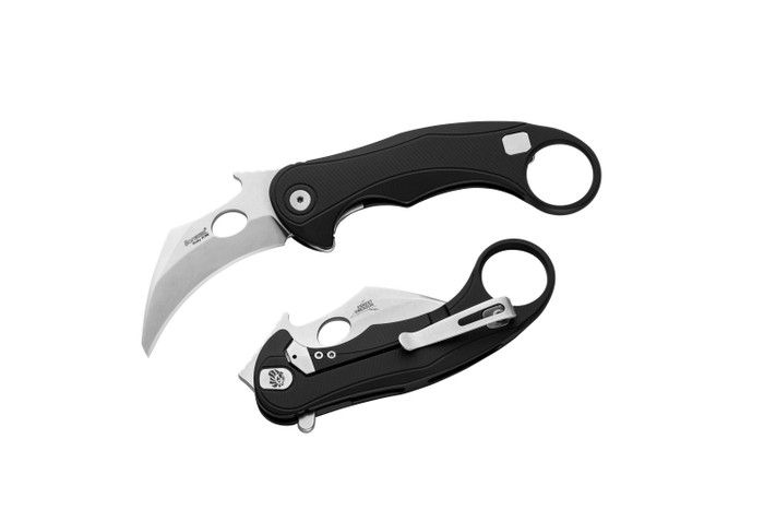 Lion Steel L.E.One Mid Folding Knife Black Aluminum Handle M390 Karambit Plain Edge Stonewash Finish LE2-A-BS