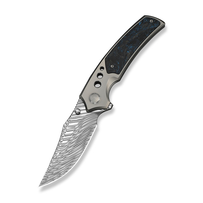 WE Skynix Folding Knife Polished Gray Titanium/Black/Blue Carbon Fiber Handle Damasteel Plain Edge WE24087-DS1