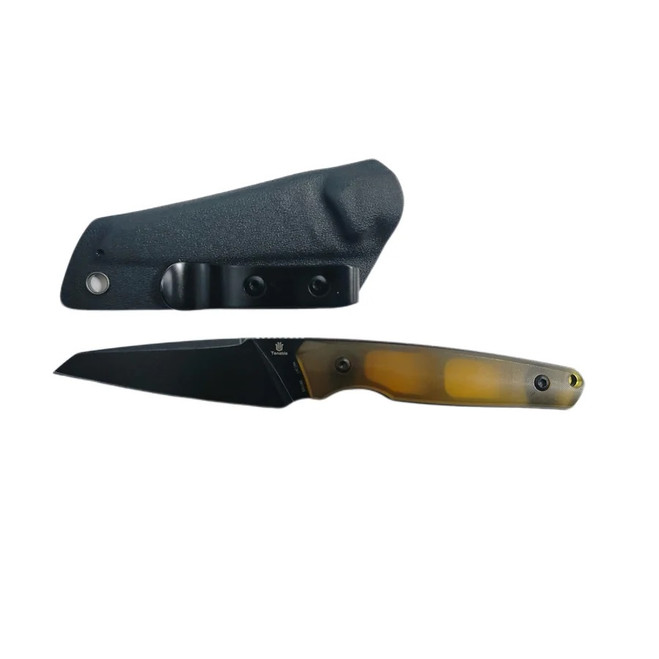 Tenable Parr Fixed Blade Knife Amber PEI/Ultem Handle 14C28N Reverse Tanto Plain Edge Blackwash Finish G011B6