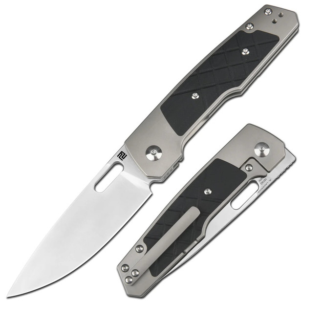 Artisan Cutlery Gambit Folding Knife Gray Titanium/Black G10 Handle S90V Drop Point Plain Edge Sand Polish Finish 1874G-BK
