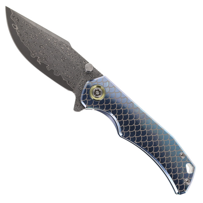 SixLeaf Folding Knife Blue Titanium Handle Damascus/VG10 Plain Black Blade SL-90