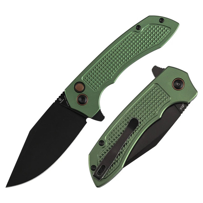 Tenable Entity Folding Knife Dark Green Aluminum Handle 14C28N Drop Point Plain Edge Blackwash Finish B1036F2