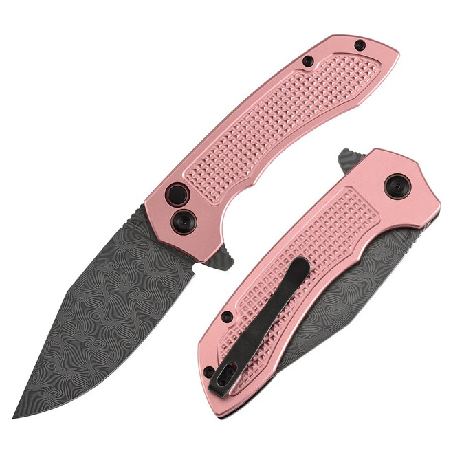 Tenable Entity Folding Knife Rose Gold Aluminum Handle Damascus Drop Point Plain Edge B1036F4