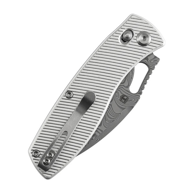 ユウ Tenable Heron Folding Knife Beadblast Aluminum Handle Damascus