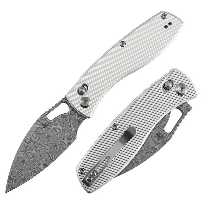 Tenable Heron Folding Knife Beadblast Aluminum Handle Damascus Plain Edge B2124V3