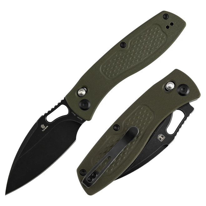 Tenable Heron Folding Knife Olive Green G10 Handle Nitro-V Plain Edge Blackwash Finish B2124V5
