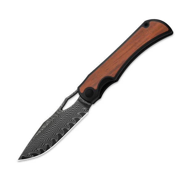 Kizer Allure Folding Knife Titanium/Panama Rosewood Handle Damascus Drop Point Plain Edge Acid Wash Finish Ki4763LDA3
