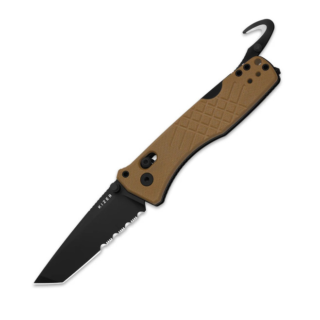 Kizer Aegis T Folding Knife Brown G10 Handle AEB-L Tanto Partially Serrated Edge Black PVD Finish V3774CTA3