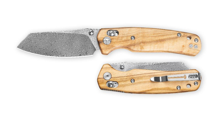 Bestechman Cicada's Wing Folding Knife Natural Olive Wood Handle Damascus Plain Edge Acid Wash Finish BMK06-W-2