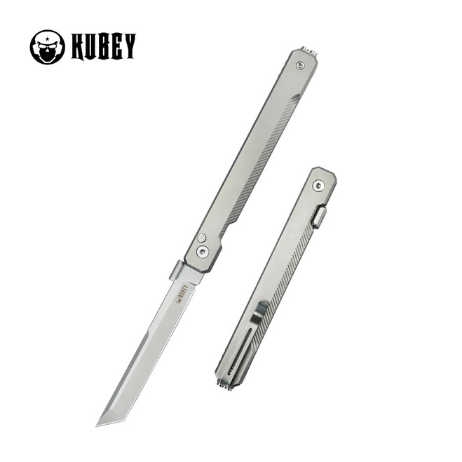 Kubey Prism Folding Knife Silver Grey Titanium Handle 14C28N Plain Edge Beadblast Finish KB243A