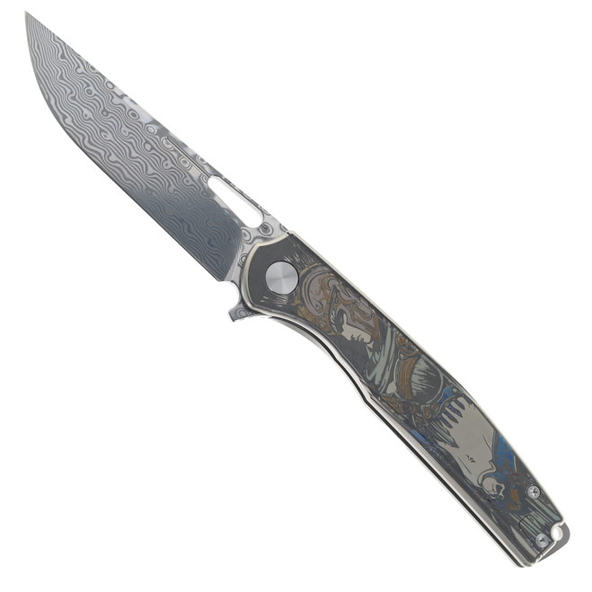 CH Blast Folding Knife Silver Titanium Handle Damascus Plain Edge Satin Finish 3538-ElmaxCor