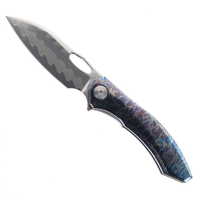 CH Cupra Folding Knife Flame Titanium Handle 7layers Damascus/Elmax Core Plain Edge Mirror/Ceramic Beadblast Finish Cupra-BL